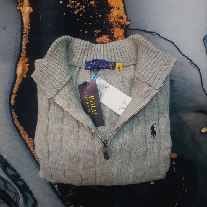 Pull torsadé Half Zip Ralph Lauren - Taille L - Gris logo brodé noir - Neuf