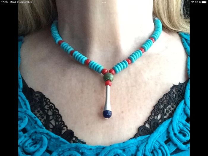 Beau collier pendentif cône spirale et perle lapis-lazuli - photo numéro 2