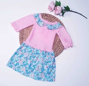 Vêtement ensemble robe fleurie avec col claudine et bonnet béguin tricot fait main bébé fille 12 mois