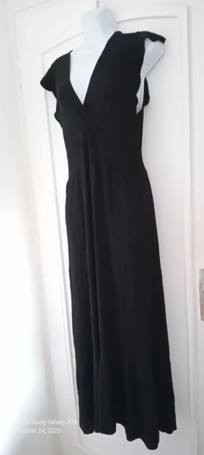 Robe noire très longue effet plissé cache cœur taille smock femme 38/40 made in italy - photo numéro 8