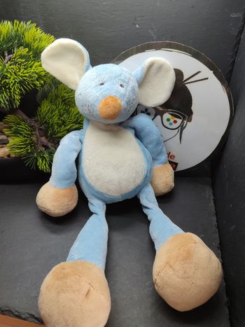 doudou peluche souris bleu beige nicotoy the baby collection marron crème ancien