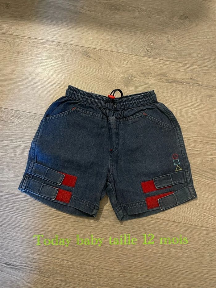 Short en jean bleu foncé et rouge taille élastique Today baby taille12 mois