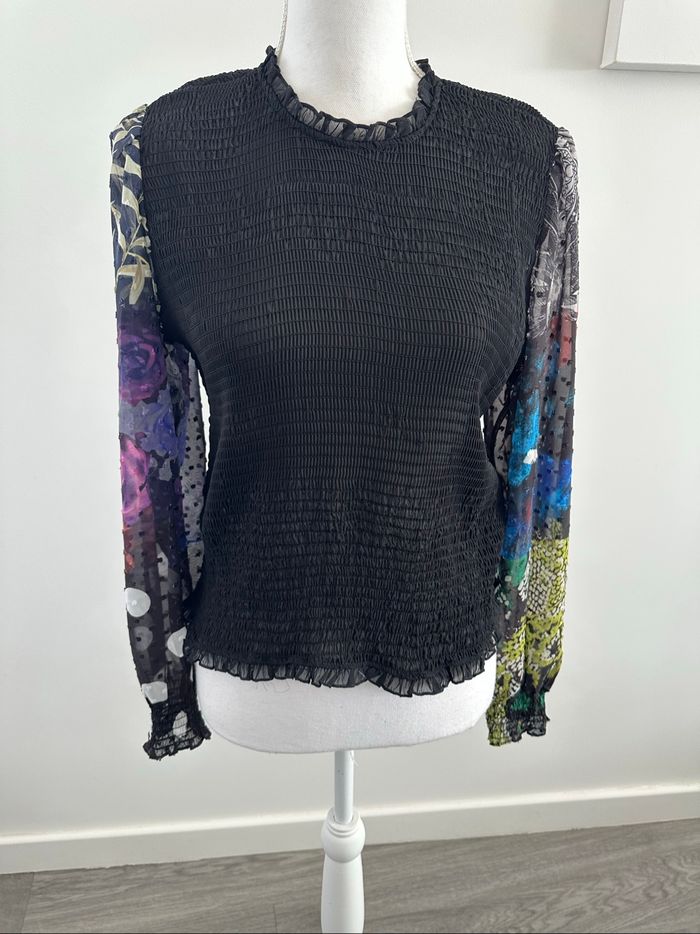 Blouse en crêpe mesh et plumetis noire et multicolore Desigual T40 L