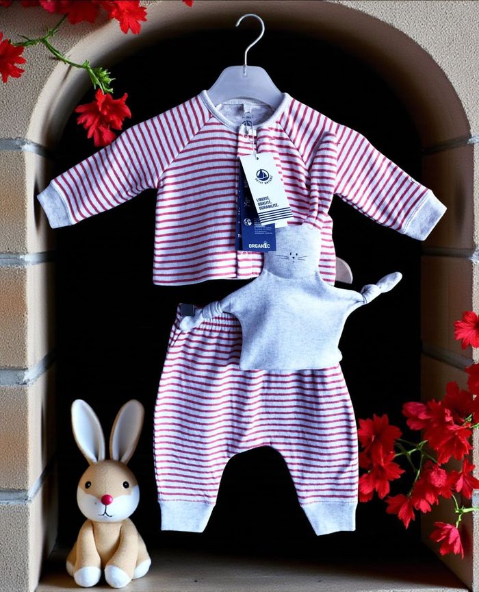 PETIT BATEAU - NEW - ENSEMBLE 3P BÉBÉ STYLE MARIN - VESTE, PANTALON & DOUDOU 3M - photo numéro 2