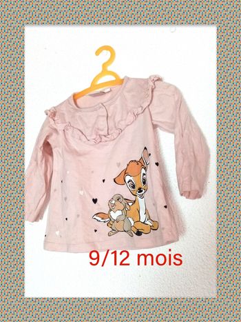 9/12 mois Disney Tee-shirt rose pale imprimé "petite biche et lapin" toutes saisons /Excellent état
