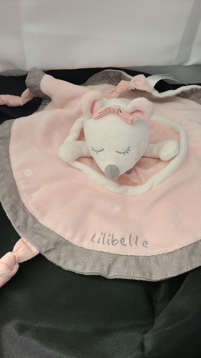 Doudou plat souris SAUTHON Lilibelle rose gris rond