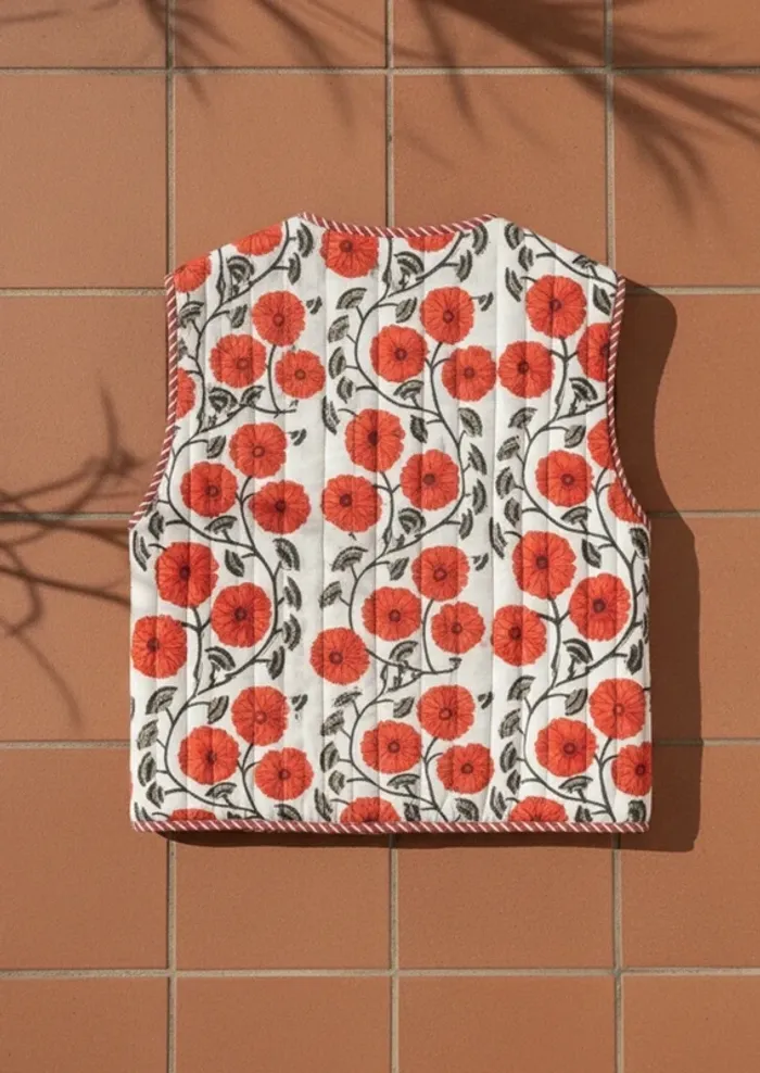 Gilet sans manches fleuri rouge, noué devant, taille S, style bohème rétro chic - photo numéro 2