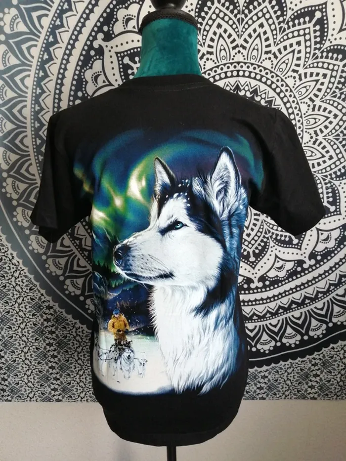 Tee-shirt noir mixte imprimé loup aurores boréales devant et dos / rock eagle / (34-36) - photo numéro 4