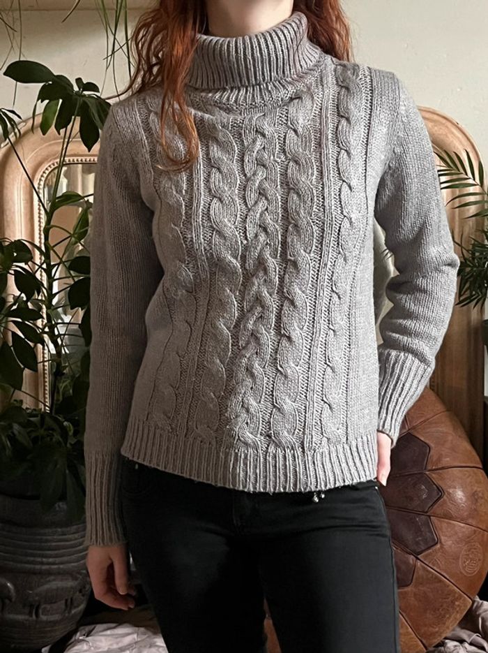 Pull d’hiver col roulé en maille avec motifs - gris clair - photo numéro 4