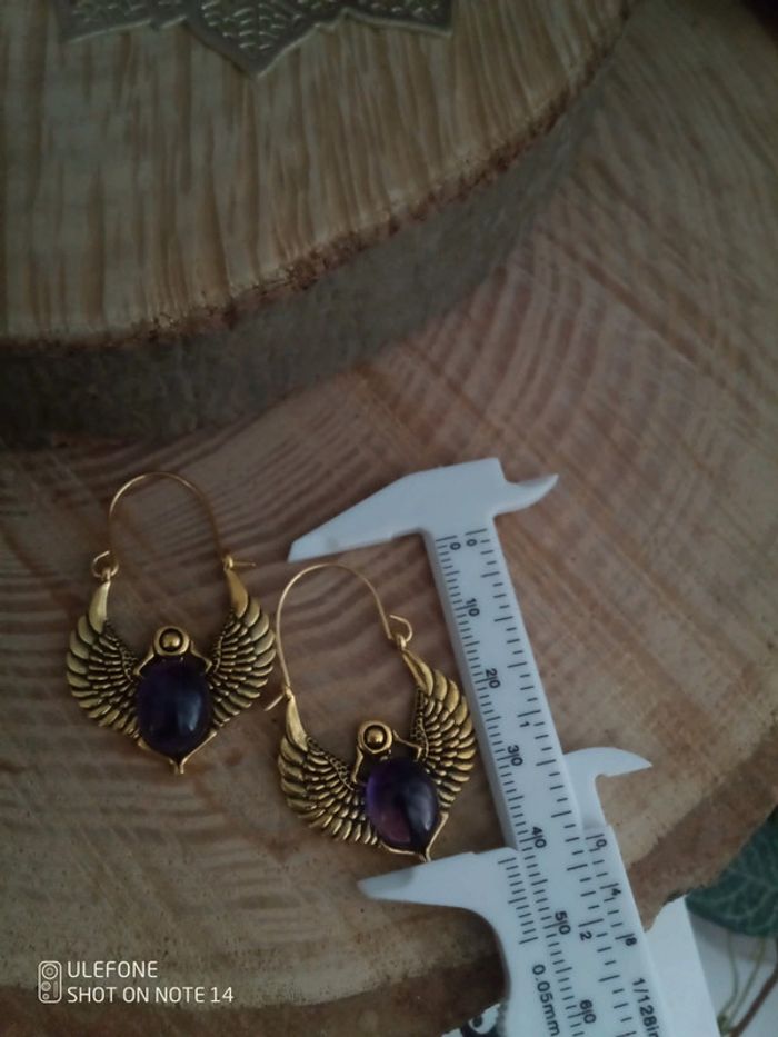 Boucles d'oreilles bohèmes scarabées pierres naturelles d'améthyste 💜. - photo numéro 2