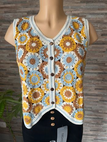 Top en crochet jaune moutarde gris beige