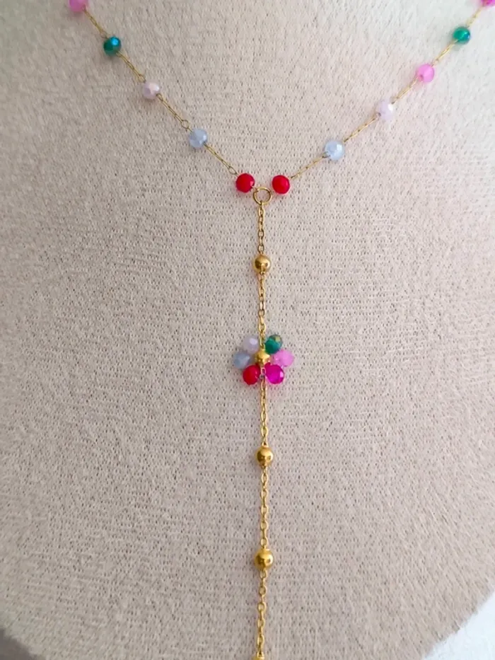 Pendentif doré en Y avec fleur marguerite et perles multicolores - photo numéro 7