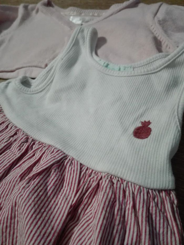 Ensemble robe gilet bébé fille 6 mois rayures mariniere rose ananas neuf - photo numéro 2