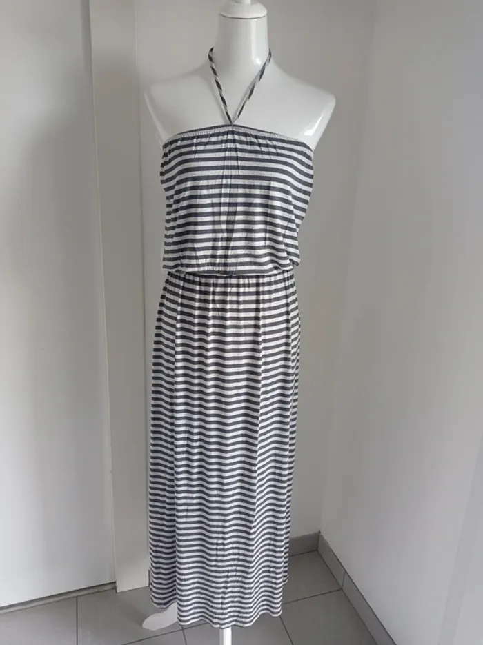 Robe longue marinière rayures horizontales grises bustier avec lien pour le cou T.38 Promod - photo numéro 2