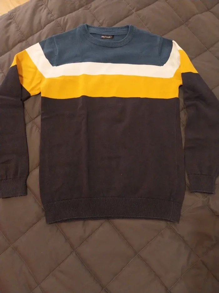 Pull bleu/ blanc/ moutarde T12A