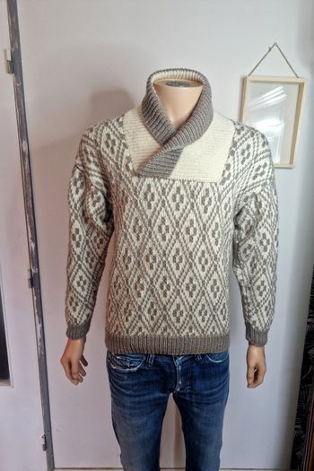 Pull en maille fait main Crème/Taupe Vintage Taille S Homme Pull