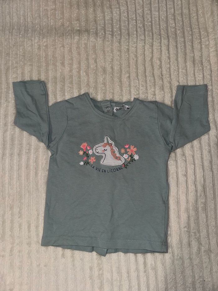 Top manche longue - licorne et fleuries - vert - Gémo - 6 mois - excellent état