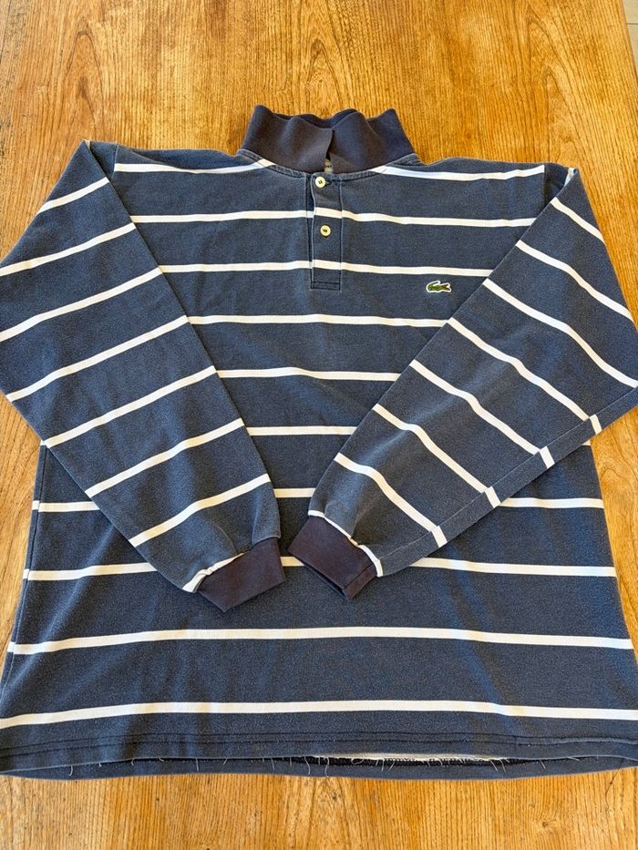 Polo Lacoste vintage bleu rayé manches longues - col montant – M - photo numéro 2