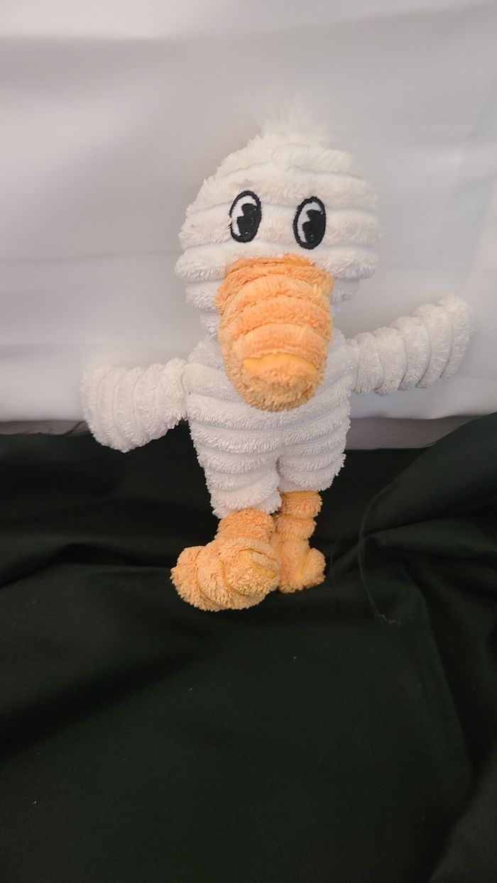 Peluche publicitaire canard LUFTHANSA oiseau côtelé blanc orange compagnie aérienne 20 cm - photo numéro 5