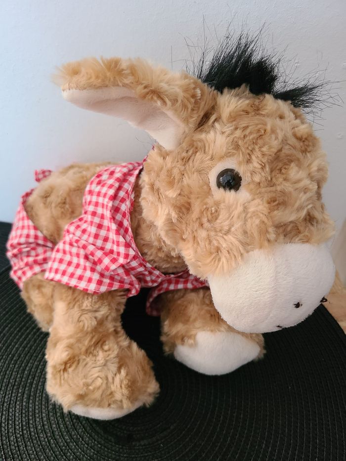 doudou peluche ane marron mi longs blanc tissu vichy rouge