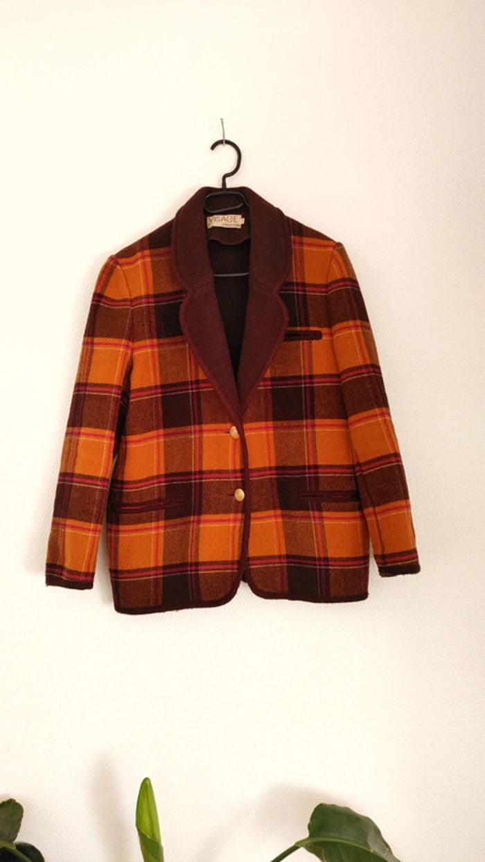 Veste en laine vintage oversize carreaux orange brun marron - photo numéro 10
