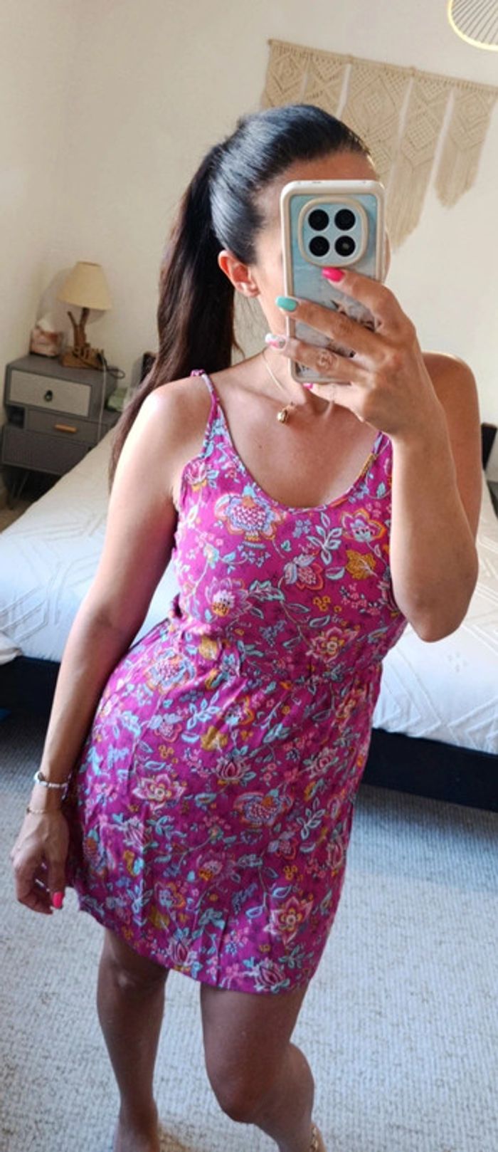 Robe d'été American Vintage S rose fuchsia motif fleuri feuillage taille élastique - photo numéro 4