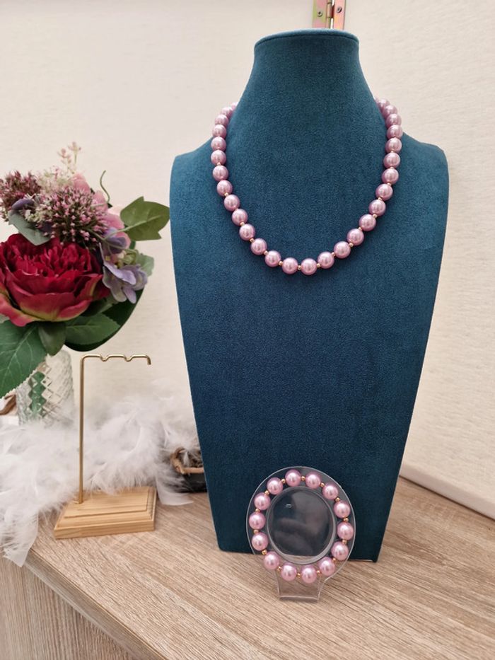 Parure Collier Bracelet De Perles Rose Lila Doré - photo numéro 2