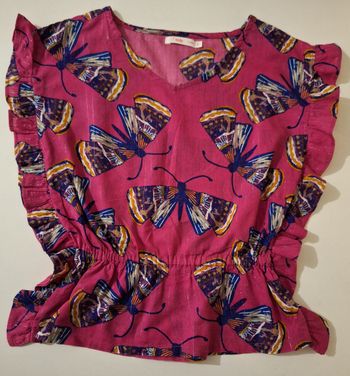 Blouse fuschia imprimée de papillons et avec des liserés argentés