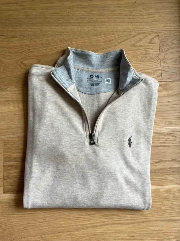 Pull 1/4 Zip Camionneur Ralph Lauren - Beige/Gris Logo Brodé Marron - Taille L