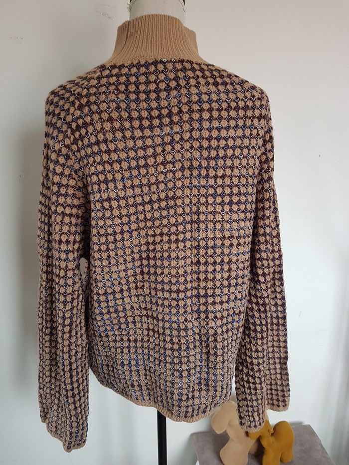 Pull col montant, beige, marron, bleu, aisselles 58 cm, boutique privée, taille XL(44) - photo numéro 3