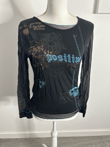 Top en mesh noir et bleu turquoise Y2K T38 M
