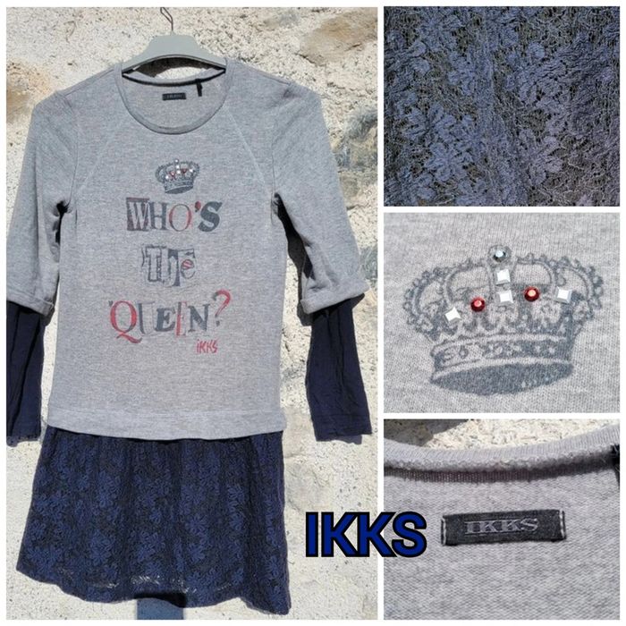 IKKS robe 10 ans, gris et bleu marine,jupe dentelle
