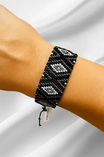 Bracelet tissé motif géométrique noir blanc doré leslii neuf
