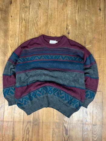 Pull maille vintage laine motifs rayures multicolore Made in Denmark L