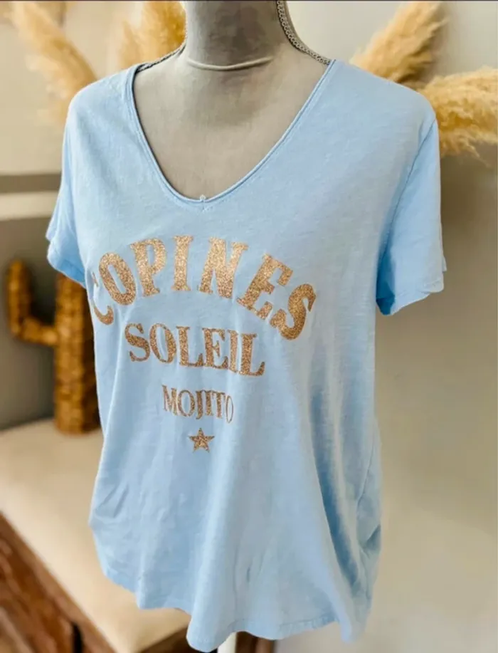 Tee-shirt tendance bleu ciel et doré – Copines Soleil Mojito - photo numéro 6