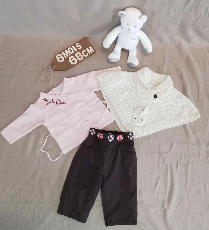 Ensemble 👣 pantalon dpam, tee-shirt obaïbi, poncho Kitchoun, 6mois/67cm