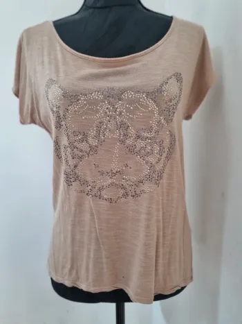 Top / t-shirt beige camel avec tigre en strass or et argent. Femme. Taille M. Arkitect.