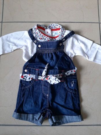 Ensemble tee shirt manches longues + salopette jean fille 3 mois