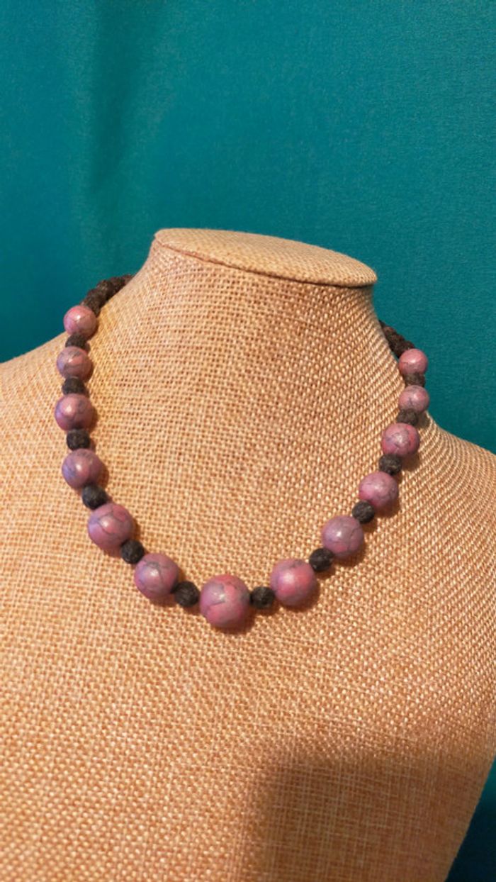 Collier vintage – Perles artisanales en pâte polymère marbrée & pierre volcanique - photo numéro 12