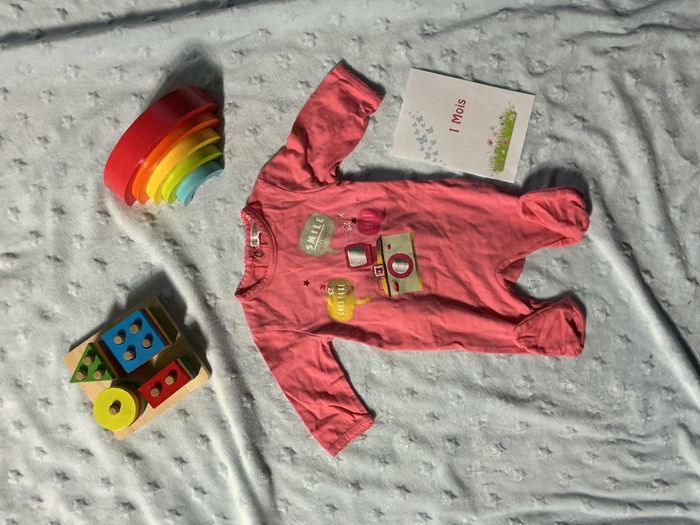 pyjama grenouillère en coton rose impression photo devant 1 mois kitchoun