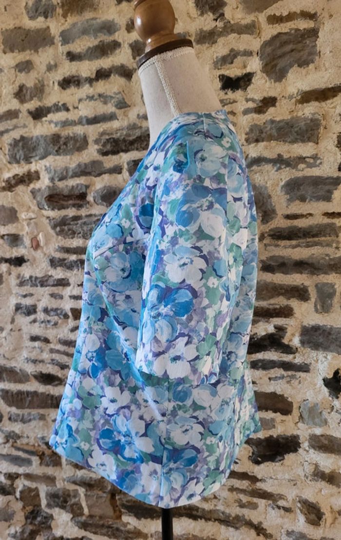 Blouse manches courtes fleurie vintage bleu ciel vert et blanc Damart Taille 44 - photo numéro 4