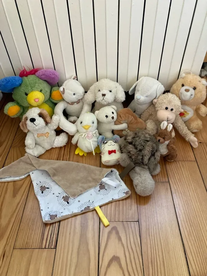 Peluches chiens, ourson, kangourou porte clé, tortue, poussin, hamster