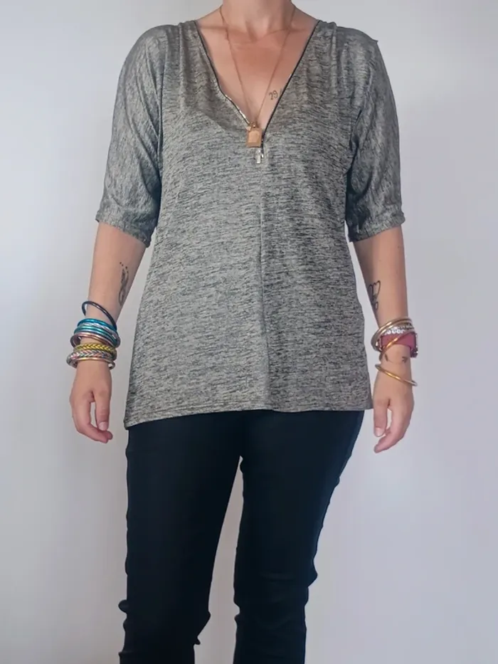 Haut gris chiné avec dentelle noire – Mim – Taille XL
