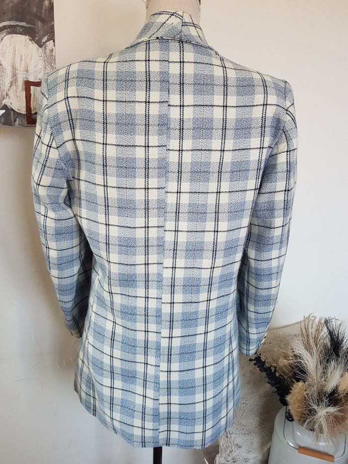 Blazer femme vintage carreaux bleu et blanc cassé, doublé, épaulettes, boutique privée, taille M/L. - photo numéro 3