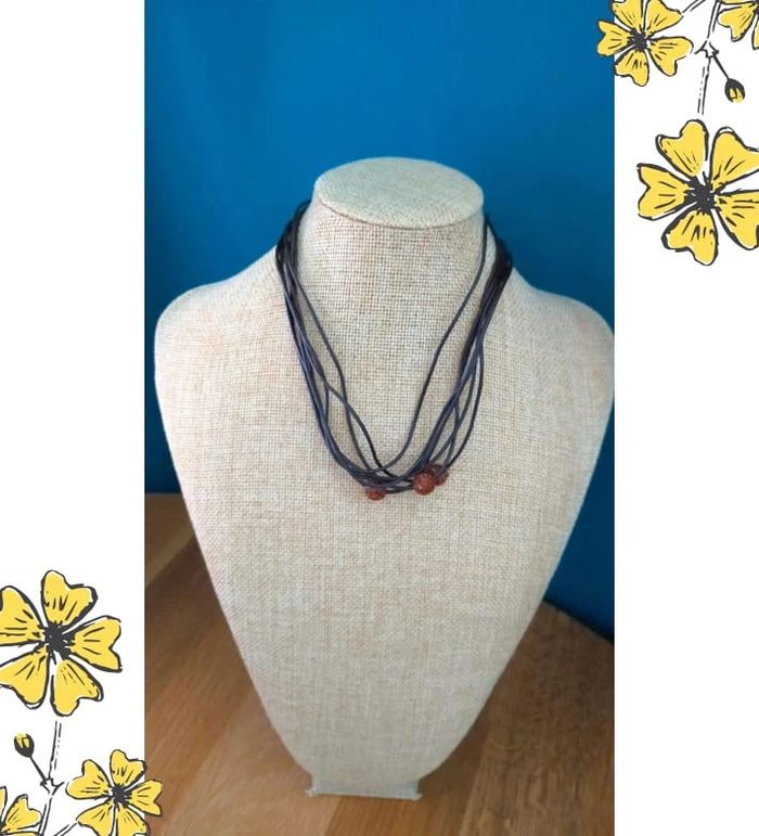 Collier multi-rangs cuir et perles strassées - Collection Sable & Ébène - photo numéro 8