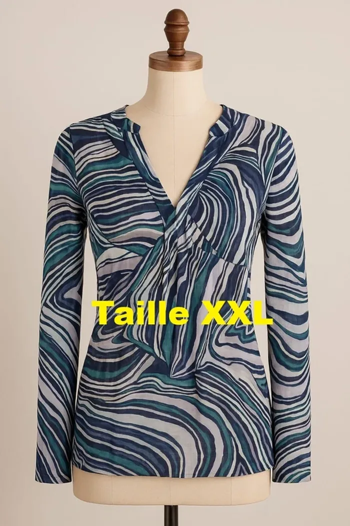 Tunique manche longue semi transparente blanche motif bleu marine vert Mexx Taille XXL