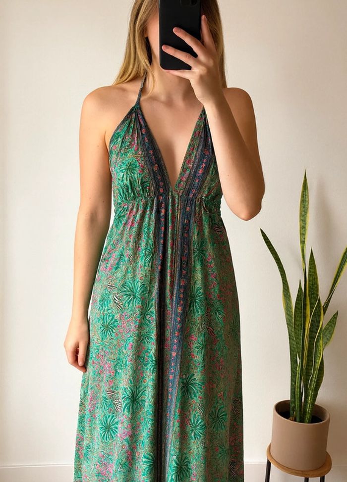 Robe longue imprimé fleuri, dos nu, en soie taille U - photo numéro 2