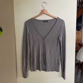 Gilet gris pailleté Bonobo Jeans Taille M fil métallisé décolleté V manches longues