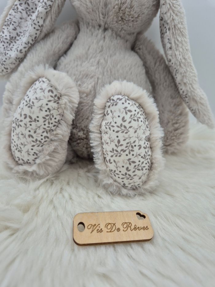 Doudou peluche lapin Gris Bouchara fleurs - photo numéro 3