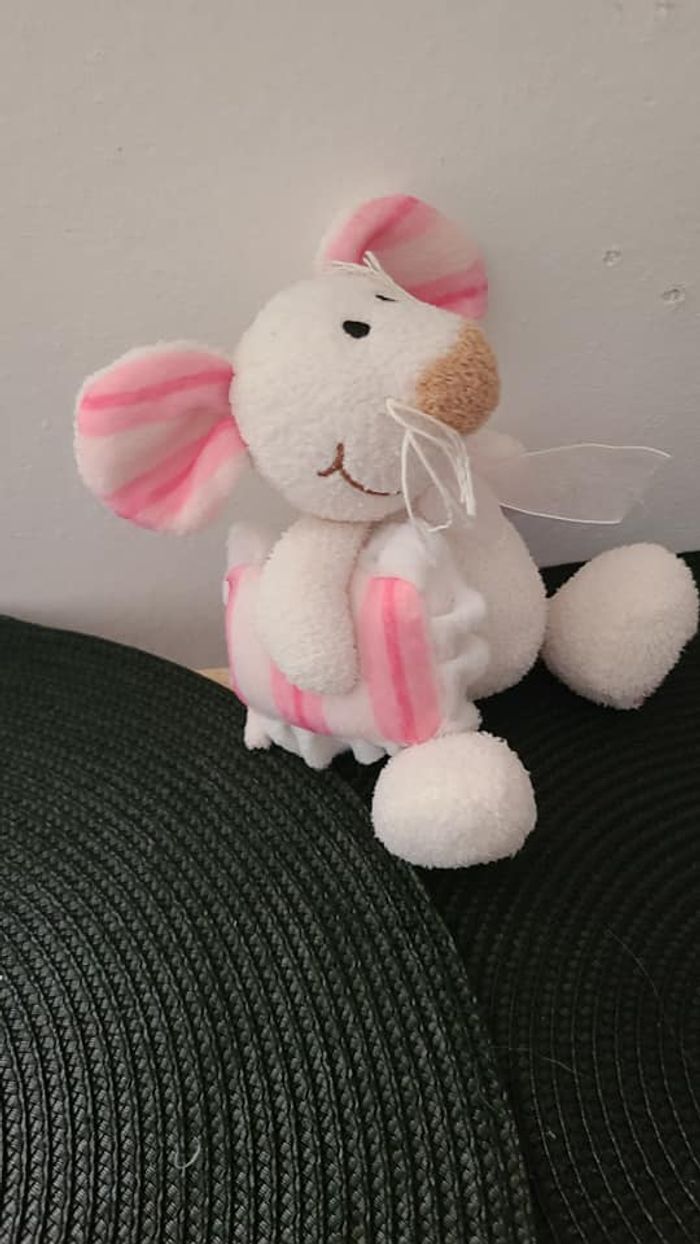 Doudou souris blanche cousin rose rayé 19 cm env. - photo numéro 5